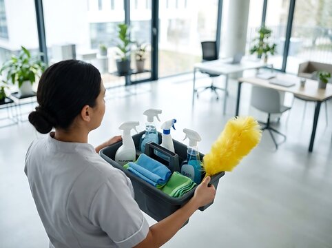 A diligent professional cleaning woman meticulously dusts the interior of a contemporary office space with cleaning products stored in a convenient rolling caddy