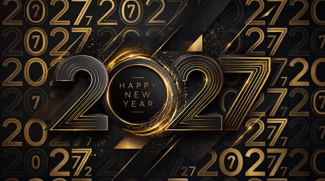 Happy New Year 2027 Black and Gold 3D Numbers with Repeating Pattern Background and Sparkle Ring Design