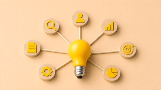 3D mind map concept showing a yellow lightbulb connecting to various business icons representing brainstorming and strategic planning