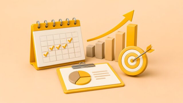 Business growth and planning concept featuring a yellow calendar financial charts and a target board on a beige background
