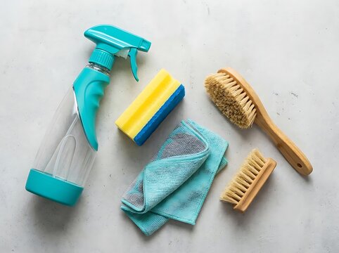A collection of necessary cleaning items including a spray bottle a colorful sponge a soft cleaning cloth and several wooden handled brushes are