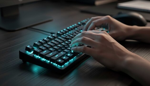 Mechanical keyboard typing with cyan coding light accents