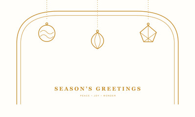 Minimalist golden holiday ornaments hanging above season's greetings text on cream background © Rakibs