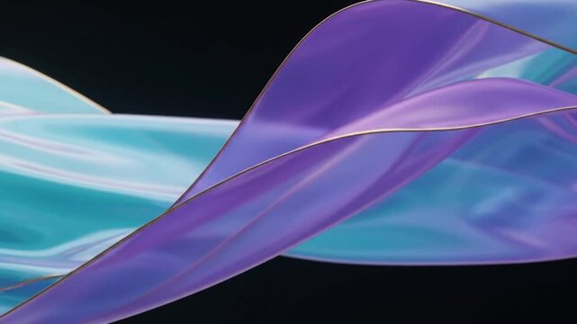 abstract iridescent glass ribbon flowing undulating motion loop purple cyan metallic border black background