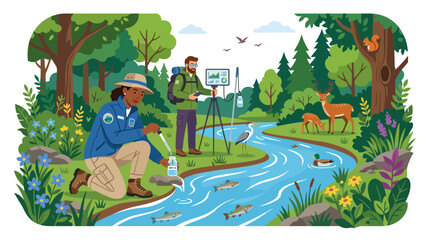 Fototapeta premium Ecology researchers testing river water quality in a vibrant forest ecosystem.