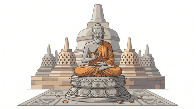 Meditating Buddha statue with Borobudur temple stupas background illustration