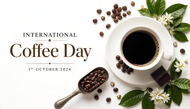 International Coffee Day greeting card with top view of black coffee cup and beans scoop