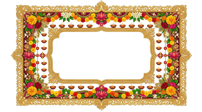 Diwali festival greeting card border decorated with lamps and flowers isolated on transparent background