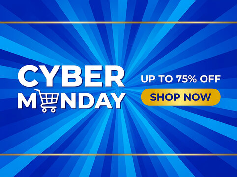 Cyber Monday sale banner with seventy five percent discount and shop now button