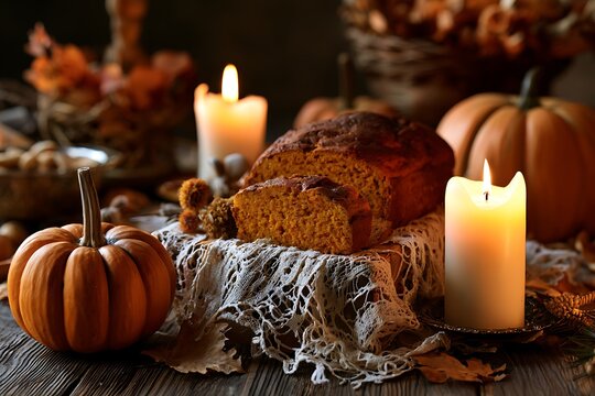 Delicious homemade pumpkin bread slice sitting on a rustic lace cloth