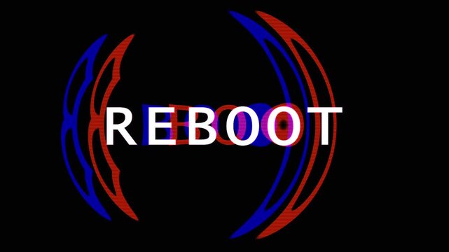Abstract circular text 'REBOOT' motion graphics with glitch effects and RGB split