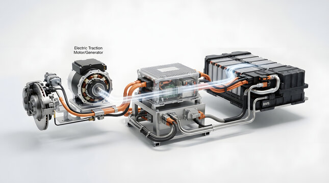 Electric vehicle powertrain diagram with traction motor, battery pack, inverter and regenerative energy flow for advanced automotive technology
