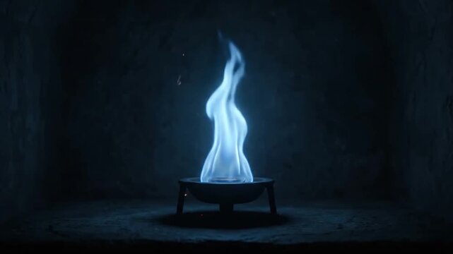 Bright blue flame burning on a brazier in a dark, mysterious chamber