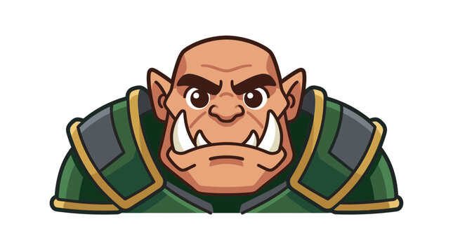 Cartoon orc warrior head with green armor.