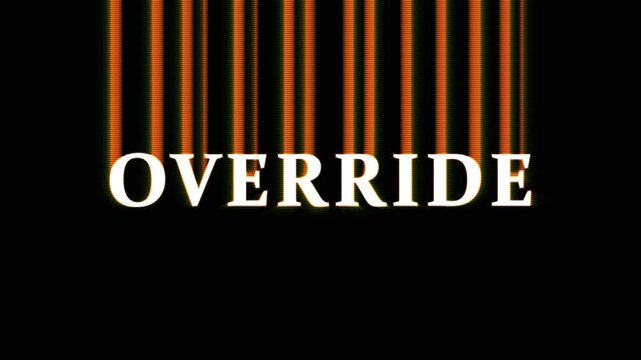 Barcode graphic with the word Override in warm sunset tones against a black background