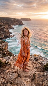Young girl in fairy wings and orange dress standing on a rocky cliff overlooking the ocean at sunset