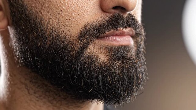 Extreme close-up of man with thick black beard and mustache showing skin texture.