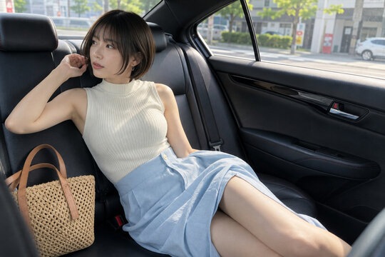 車の後部座席で生成り色ノースリーブと水色スカート姿の女性が耳元へ手を添える場面