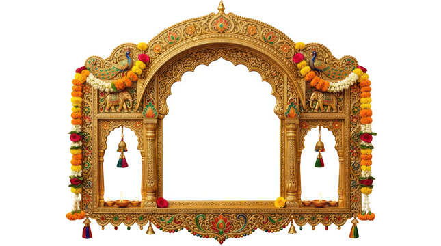 Ornate golden arched indian jharokha window isolated on transparent background