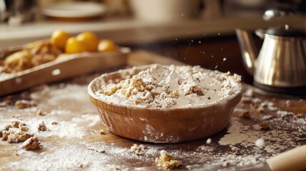 Fototapeta premium Powdered sugar dusting over a crumb cake in a kitchen
