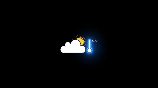 Weather forecast with temperature indicator, sunny cloud with 42 degrees celsius thermometer animation
