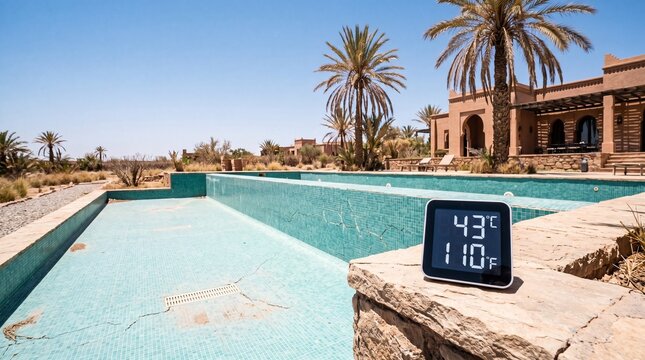 Extreme heat and drought concept showing a thermometer at 43 degrees Celsius by an empty cracked swimming pool in a desert resort