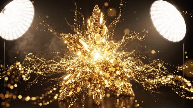 Golden sparkling abstract star-like explosion with radiating particles in a dark studio, illuminated by softbox lights, symbolizing luxury or celebration.