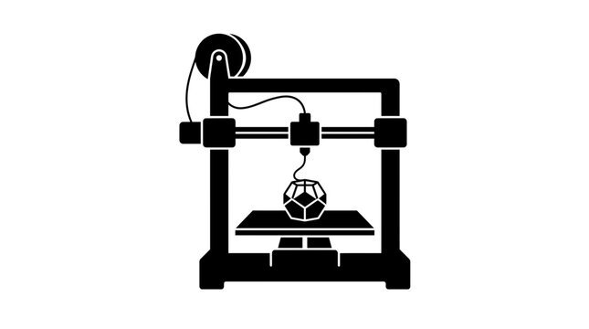 3D printer icon creating a geometric object, additive manufacturing technology symbol.