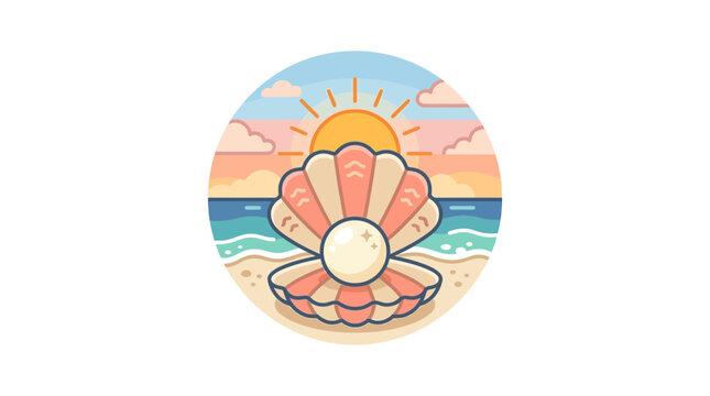 Open seashell with pearl at tropical sunset beach.