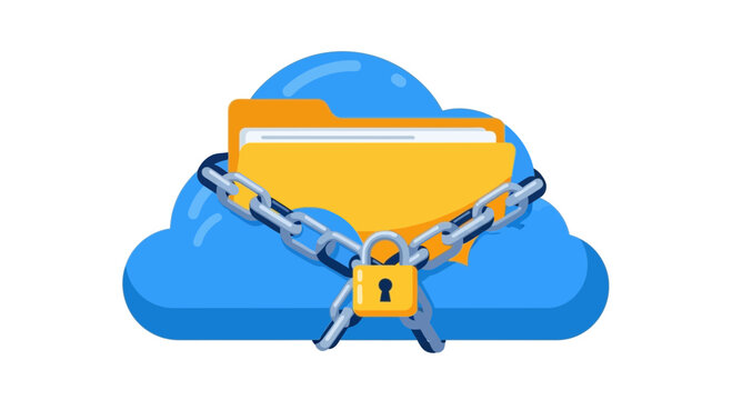 Secure Cloud Computing and Data Protection Vector Illustration - Yellow Folder with Padlock and Chains Representing Cybersecurity and Online File Privacy