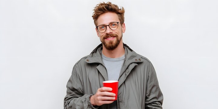 Cheerful young man with glasses and red beard holding a red cup against white background