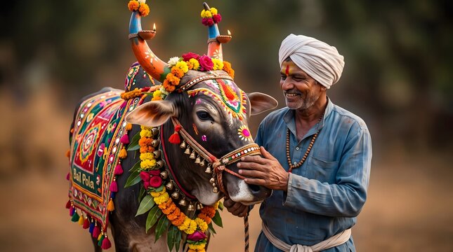 Indian Farmer with Decorated Bull for Bail Pola Festival