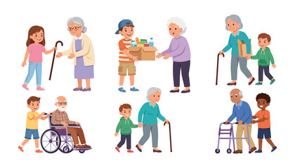 Fototapeta premium Volunteering concept cartoon illustration with cute kids supporting old grandparents with walking canes grocery delivery box and a walker