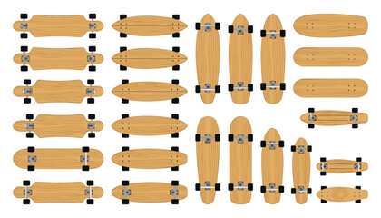 Wooden skateboard and longboard deck collection with various board shapes wheels and trucks for extreme sports street style graphic design elements © MdEajdani