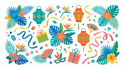 Obraz premium Tropical Party Celebration: Lanterns, Flowers, Gifts, Masks, Fans, Confetti