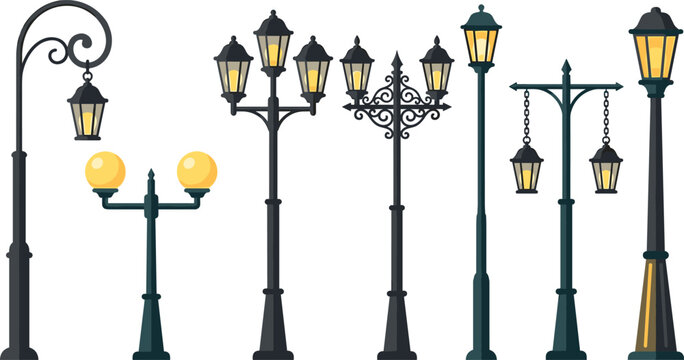 Vintage street lamp vector icon set featuring classic wrought iron lampposts, antique gas lights, urban park lanterns, and decorative outdoor illumination elements