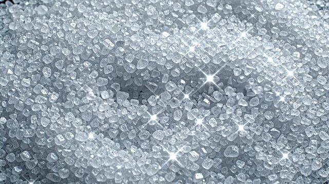 Macro of sparkling white crystals with glittering light reflections. Shimmering diamond dust or silver sugar background.