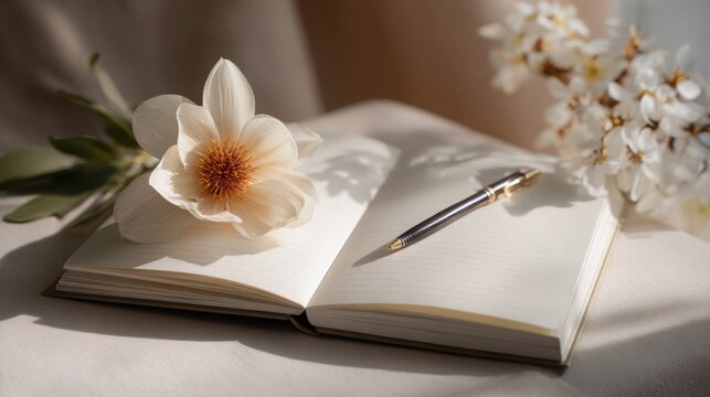 Open journal with pen and flower on a soft surface