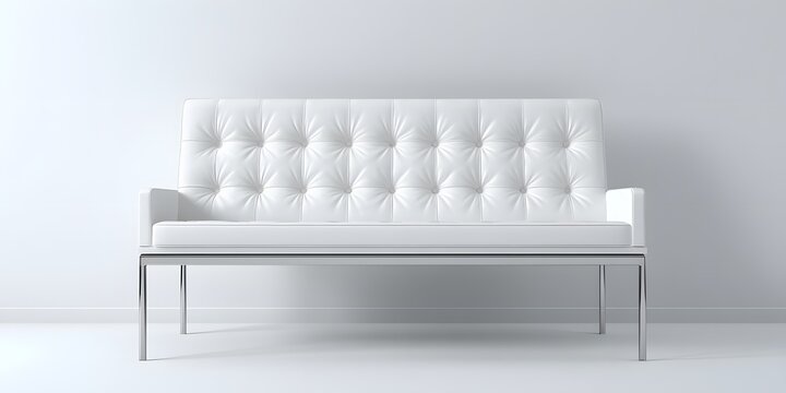 White tufted leather sofa with chrome legs against a plain white wall