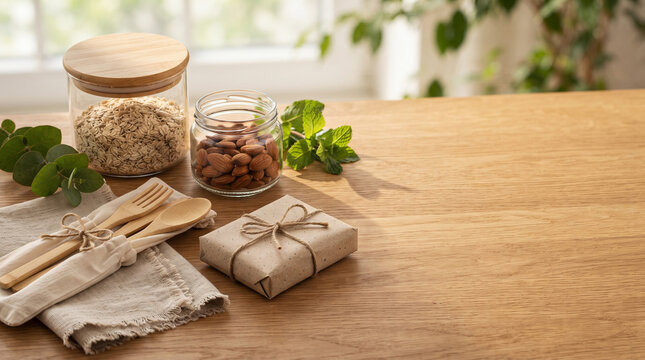 Zero waste sustainable items with wooden cutlery glass jars and organic food on wooden table