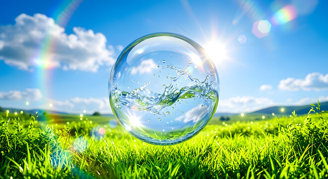 Floating glossy 3D glass orb containing splashing water wave over vibrant green grass under blue sky