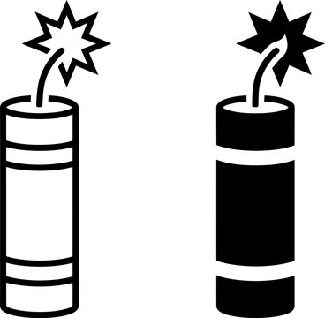 Dynamite stick explosive bomb with burning fuse and spark vector icon set vector graphic black and white explosive detonator explosion illustration monochrome