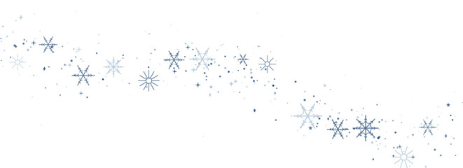 Delicate blue snowflakes and glittering particles drift on a clean white background during winter © Rakibs