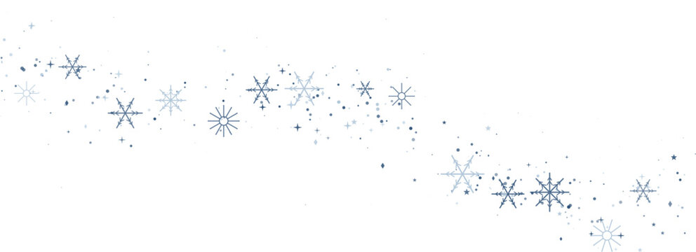 Delicate blue snowflakes and glittering particles drift on a clean white background during winter