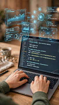 Close up hands typing financial code on laptop with floating cyan HUD algorithms and database nodes