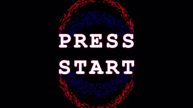 Retro video game start screen with glitch effects and dynamic neon lighting