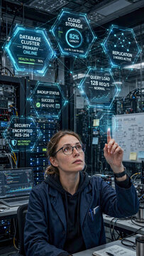 Female data engineer managing database cloud storage status floating as hexagonal HUD nodes