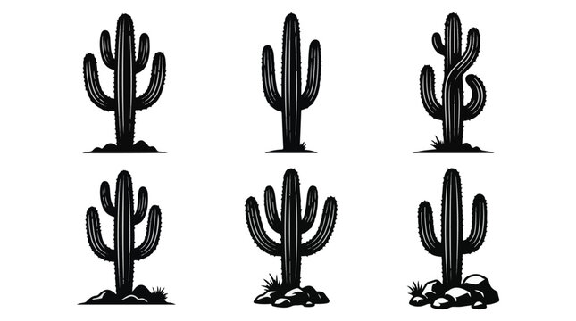 Set of black and white saguaro cactus vector illustrations for desert design elements
