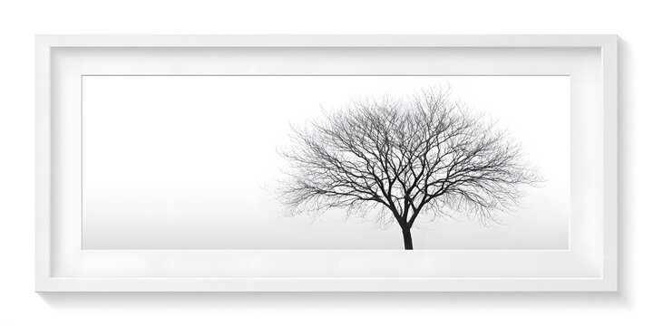 Bare leafless tree in winter fog presented as minimalist black and white framed wall art