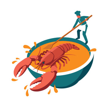 Little chef cooking lobster bisque soup - isometric vector illustration